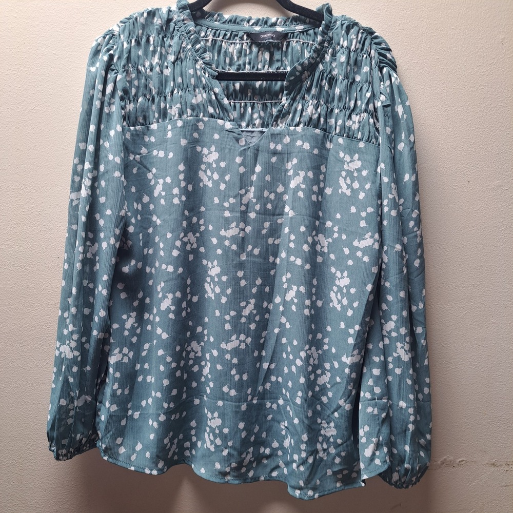 Dokotoo Womens Teal Floral Smocked Yoke Chiffon Blouse Long Sleeve Size L